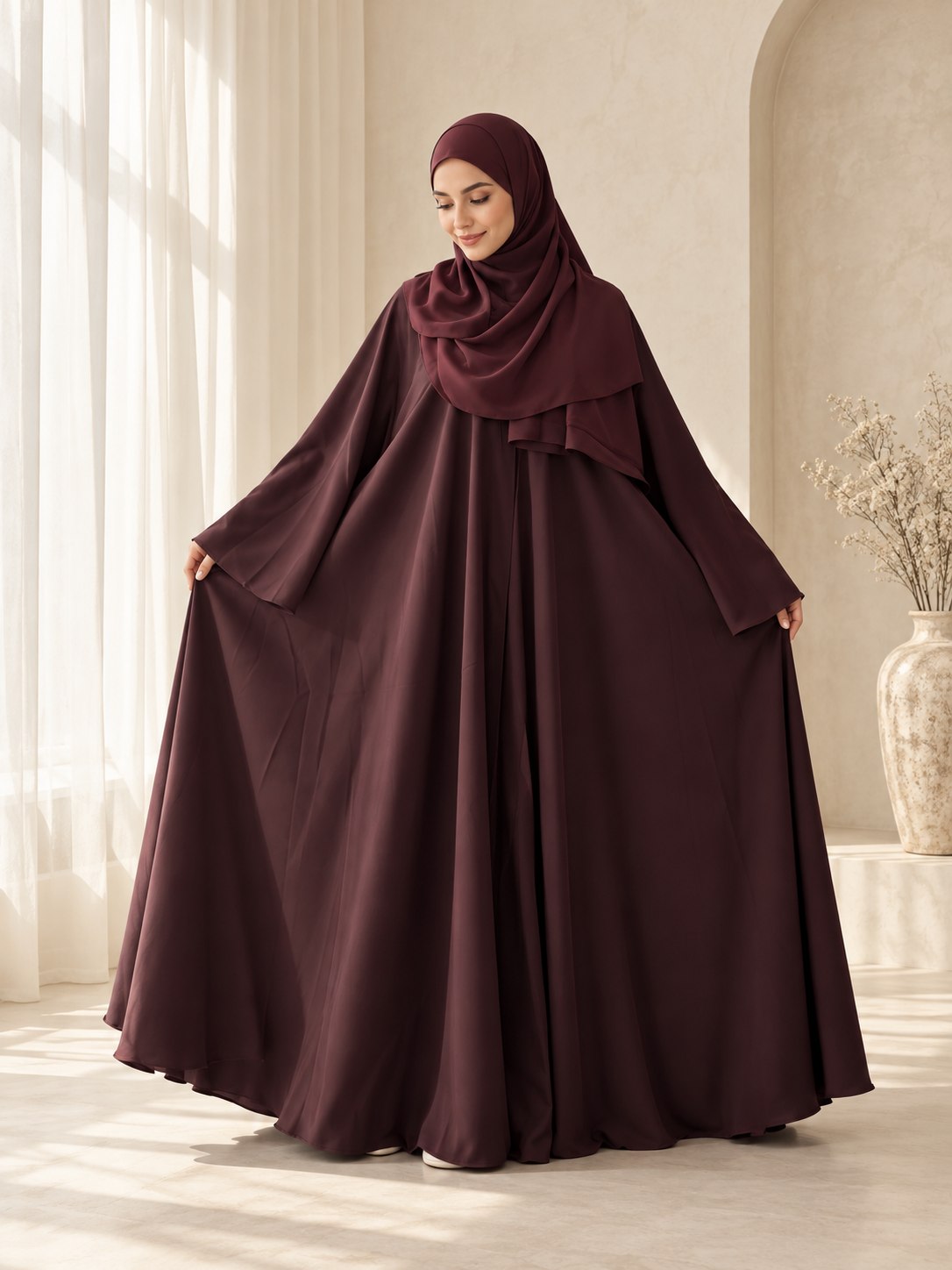 Fictief AI-model in een bordeaux Madeens khimar-look